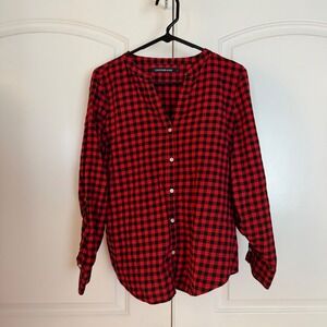 Calvin Klein Jeans Womens Red Black Buffalo Plaid Roll Tab Button Down Blouse M
